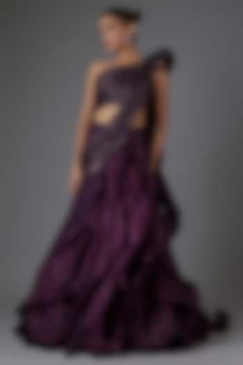 Grape Purple Sequins Ruffled Weave Draped Skirt Saree Set by Gaurav Gupta at Pernia's Pop Up Shop