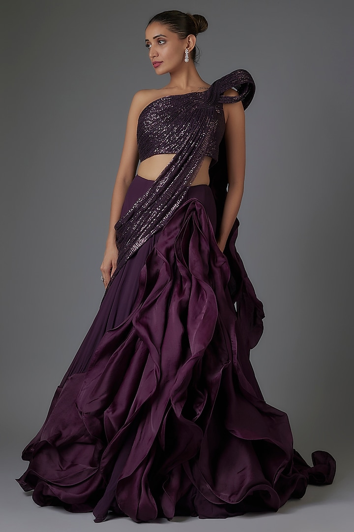 Grape Purple Sequins Ruffled Weave Draped Skirt Saree Set by Gaurav Gupta at Pernia's Pop Up Shop