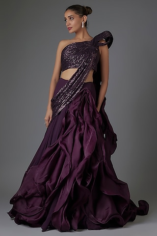Grape Purple Sequins Ruffled Weave Draped Skirt Saree Set by Gaurav Gupta