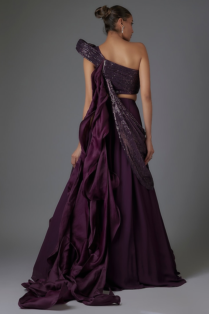 Grape Purple Sequins Ruffled Weave Draped Skirt Bridal Saree Set by Gaurav Gupta at Pernia's Pop Up Shop