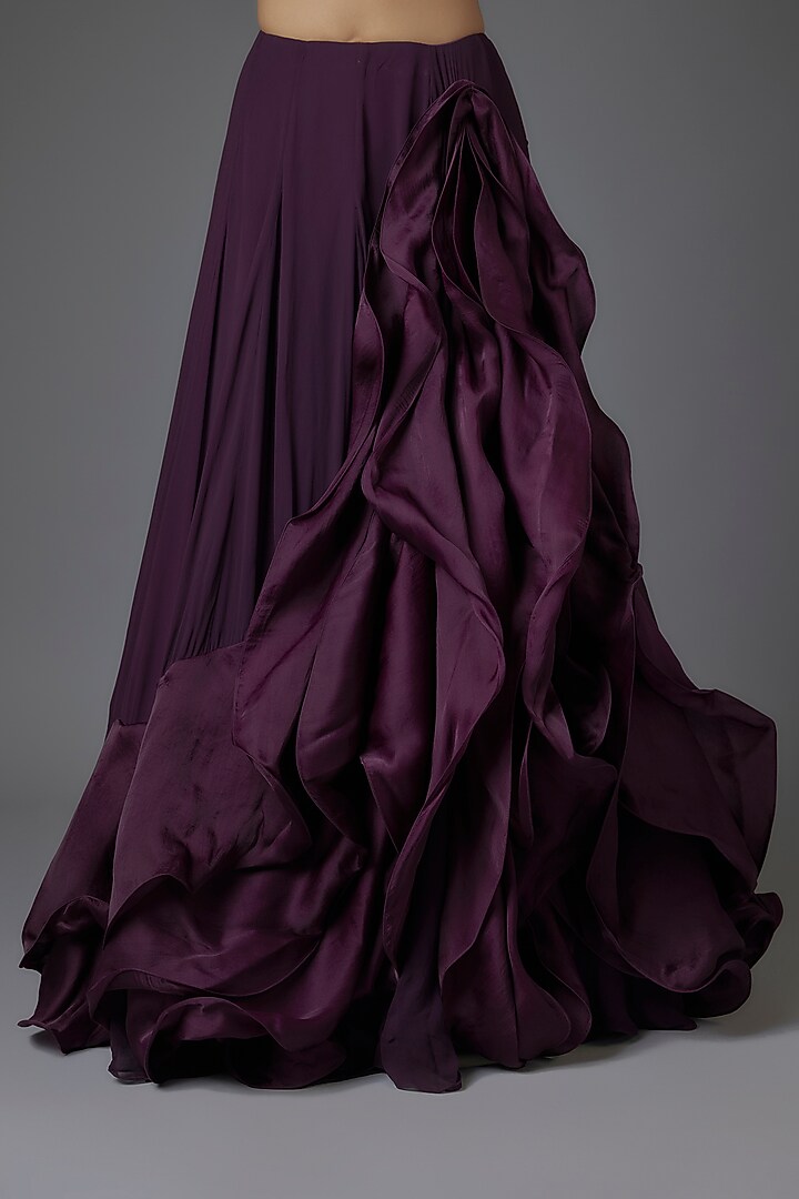 Grape Purple Sequins Ruffled Weave Draped Skirt Bridal Saree Set by Gaurav Gupta at Pernia's Pop Up Shop