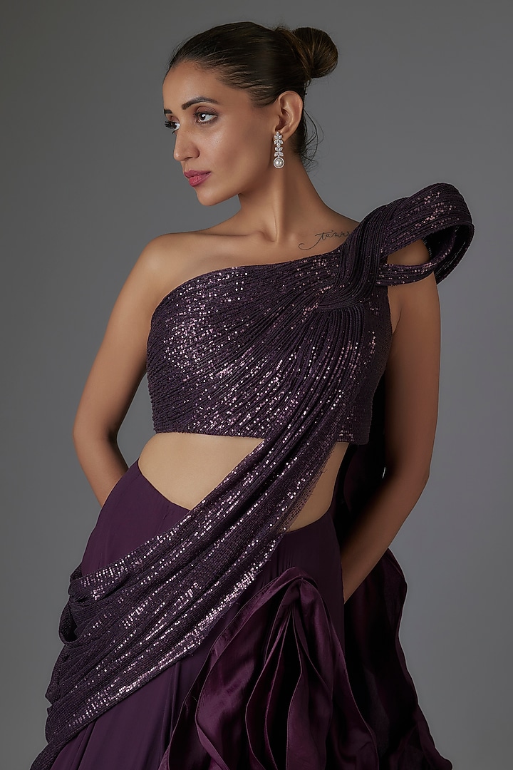 Grape Purple Sequins Ruffled Weave Draped Skirt Bridal Saree Set by Gaurav Gupta at Pernia's Pop Up Shop