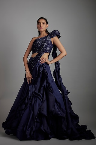 Sapphire Satin Organza Ruffled Lehenga Saree Set by Gaurav Gupta