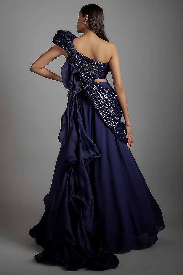 Sapphire Satin Organza Ruffled Bridal Lehenga Saree Set by Gaurav Gupta at Pernia's Pop Up Shop