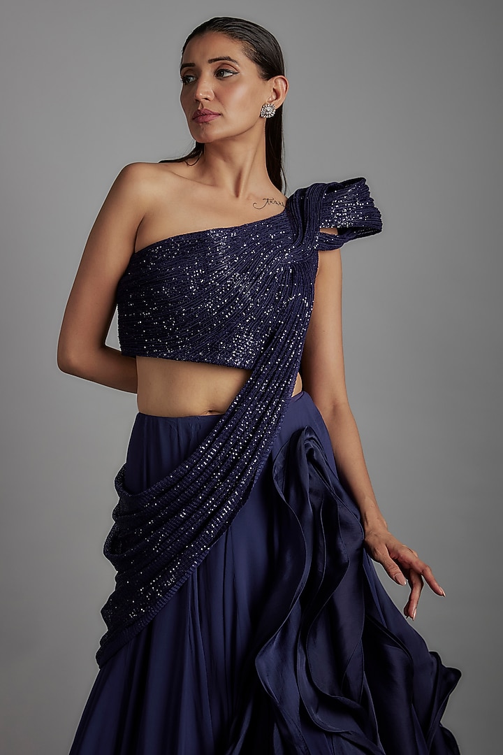 Sapphire Satin Organza Ruffled Bridal Lehenga Saree Set by Gaurav Gupta at Pernia's Pop Up Shop