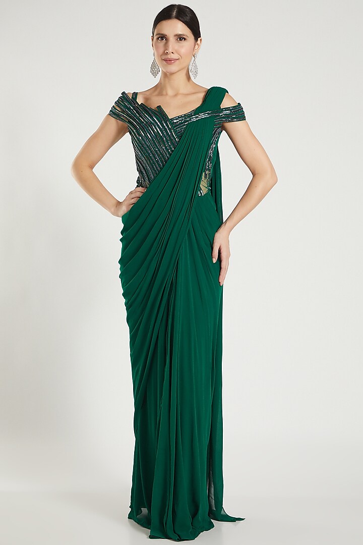 Emerald Green Silk Georgette Gown Saree by Gaurav Gupta