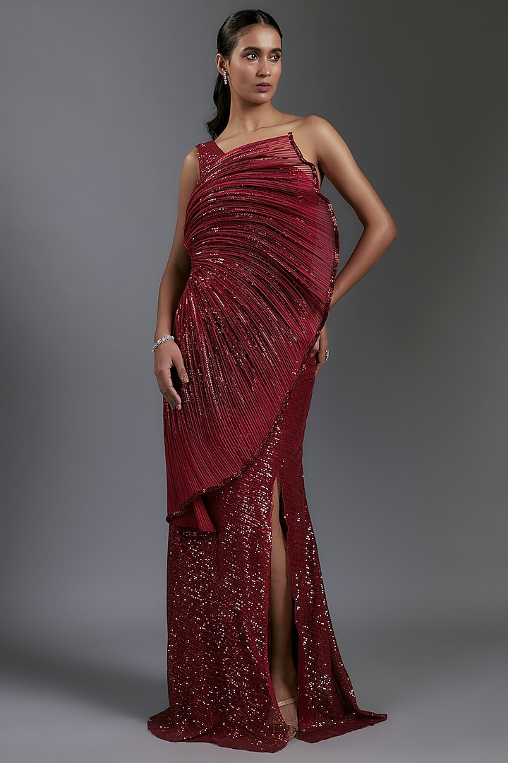 Lava Red Sequins Bugle Beads Embroidered Sculpted Gown by Gaurav Gupta at Pernia's Pop Up Shop