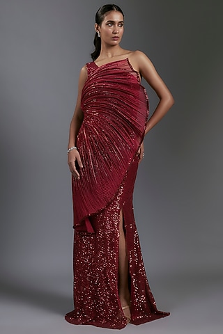 Lava Red Sequins Bugle Beads Embroidered Sculpted Gown by Gaurav Gupta