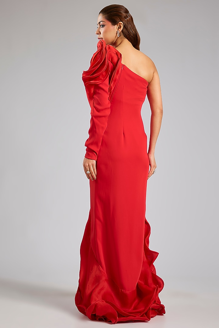 Red Moss Crepe Structured Bridal Gown by Gaurav Gupta at Pernia's Pop Up Shop