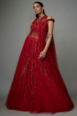 Lava Red Tulle Bugal Beads Embroidered Lehenga Saree by Gaurav Gupta
