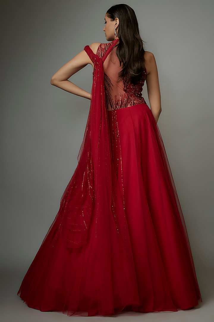 Lava Red Tulle Bugal Beads Embroidered Lehenga Saree by Gaurav Gupta at Pernia's Pop Up Shop