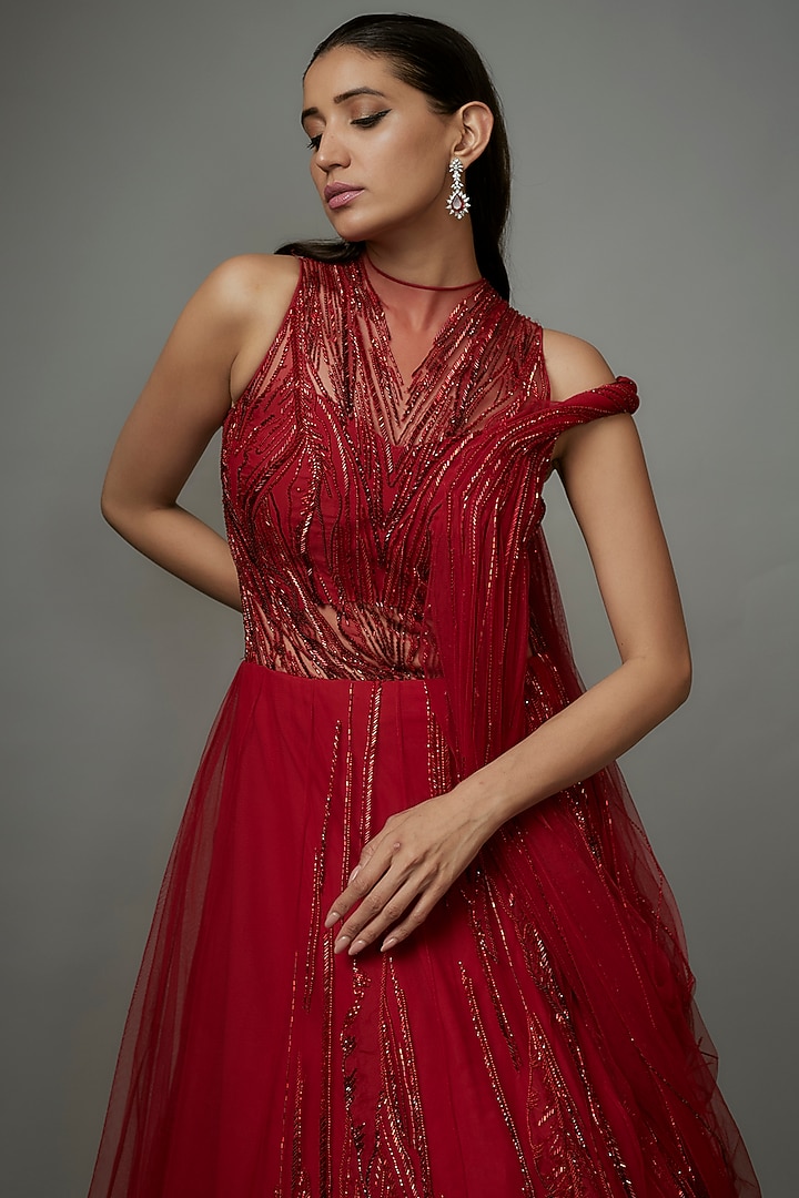 Lava Red Tulle Bugal Beads Embroidered Lehenga Saree by Gaurav Gupta at Pernia's Pop Up Shop