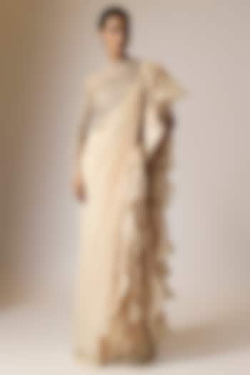 Nude Viscose Georgette Embellished Bridal Gown Saree by Gaurav Gupta at Pernia's Pop Up Shop