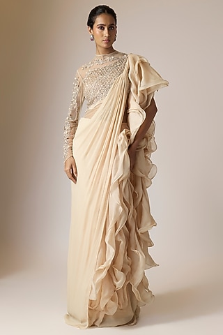 Nude Viscose Georgette Embellished Gown Saree by Gaurav Gupta