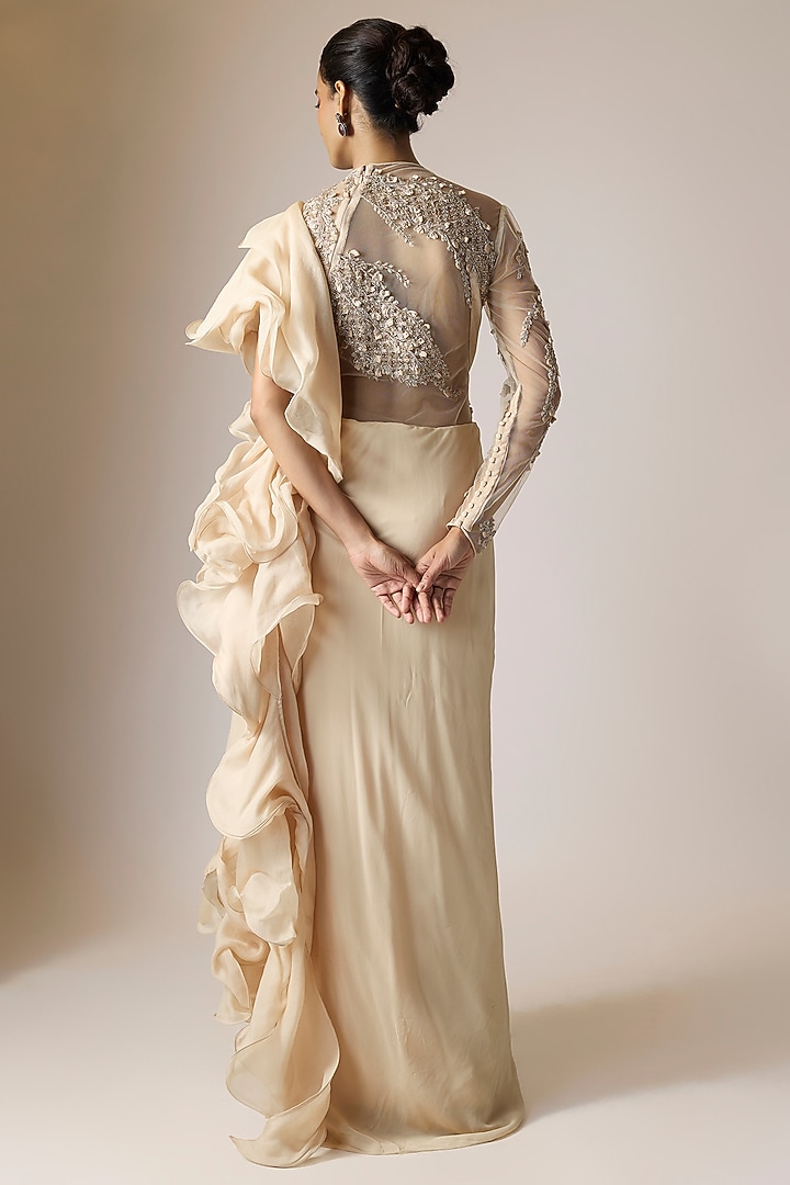 Nude Viscose Georgette Embellished Bridal Gown Saree by Gaurav Gupta at Pernia's Pop Up Shop