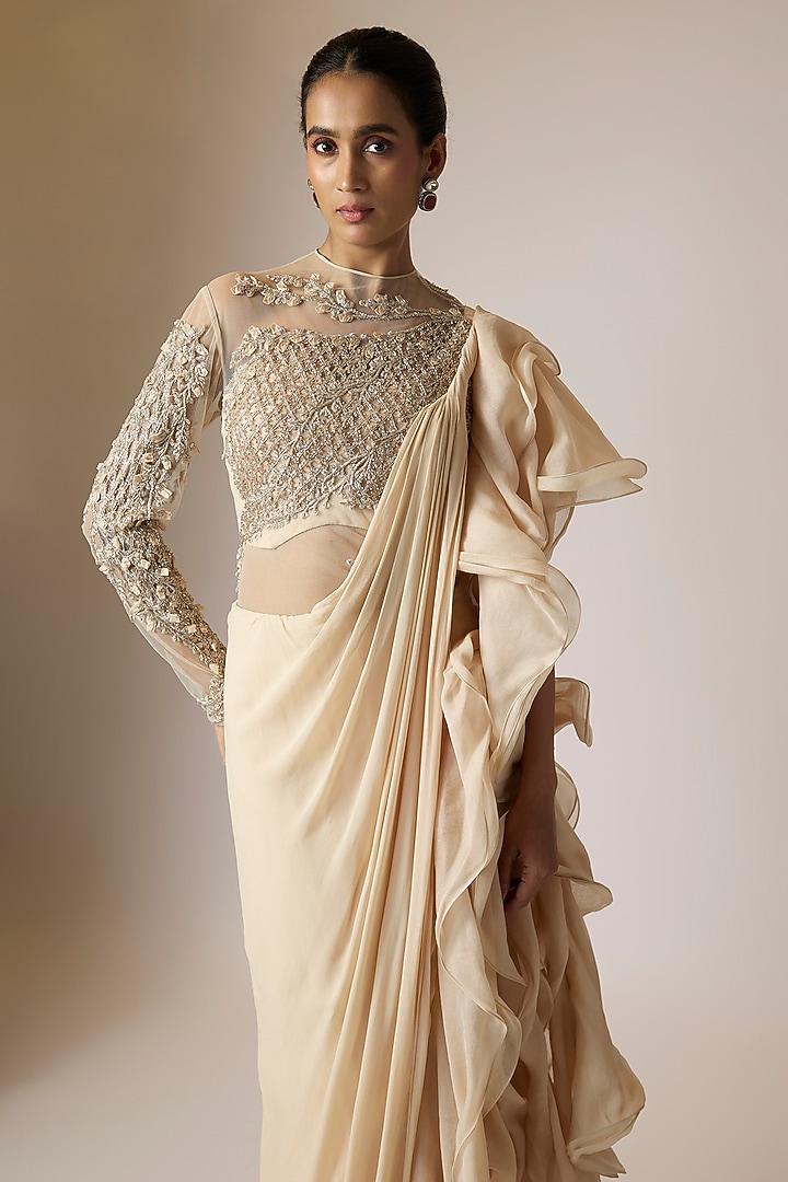Nude Viscose Georgette Embellished Bridal Gown Saree by Gaurav Gupta at Pernia's Pop Up Shop