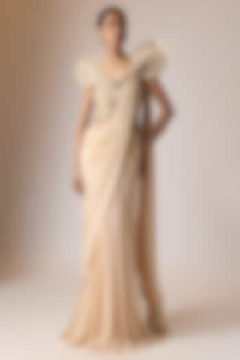 Nude Rayon Georgette Embellished Ruffled Bridal Gown Saree by Gaurav Gupta at Pernia's Pop Up Shop