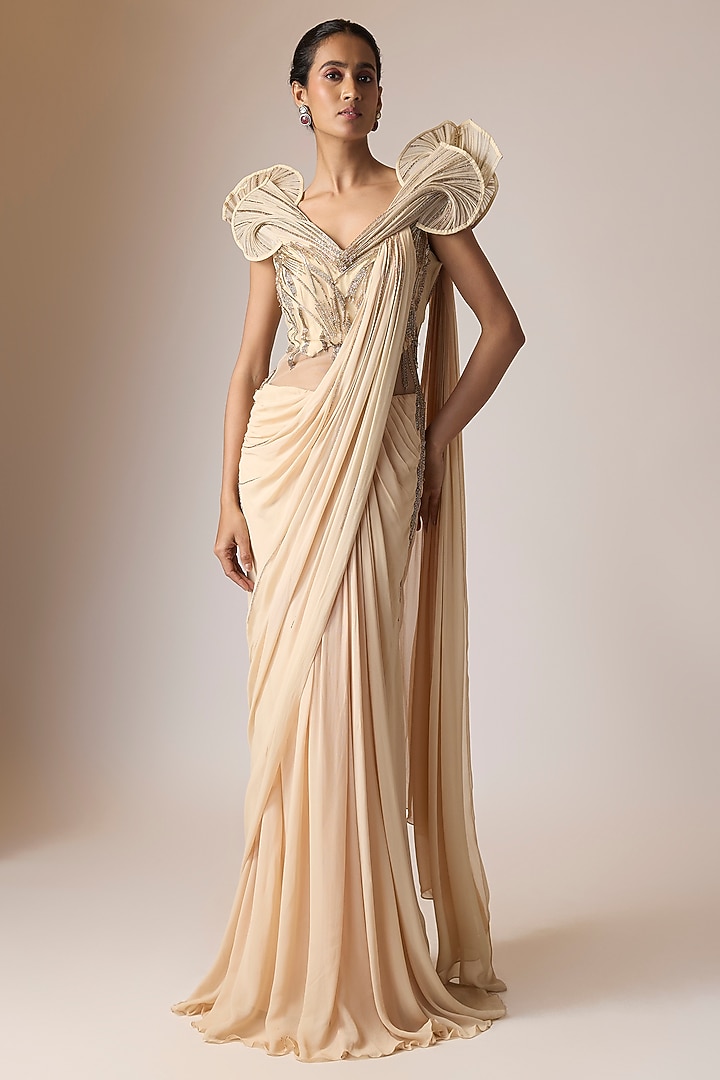 Nude Rayon Georgette Embellished Ruffled Bridal Gown Saree by Gaurav Gupta at Pernia's Pop Up Shop