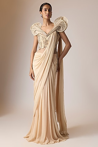 Nude Rayon Georgette Embellished Ruffled Gown Saree by Gaurav Gupta