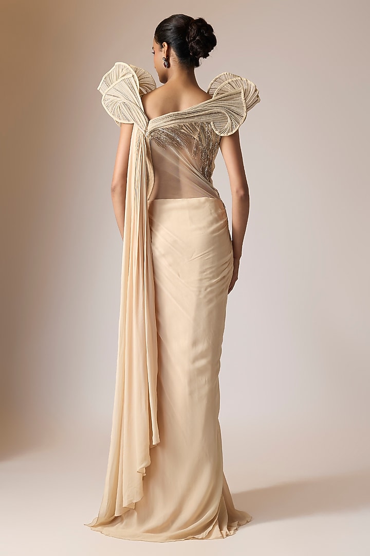 Nude Rayon Georgette Embellished Ruffled Bridal Gown Saree by Gaurav Gupta at Pernia's Pop Up Shop