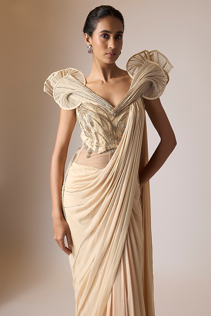 Nude Rayon Georgette Embellished Ruffled Bridal Gown Saree by Gaurav Gupta at Pernia's Pop Up Shop