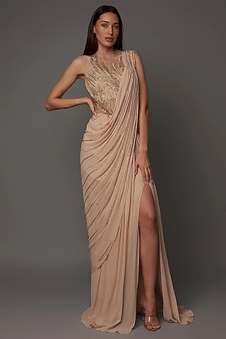 Nude Silk Gown Saree by Gaurav Gupta