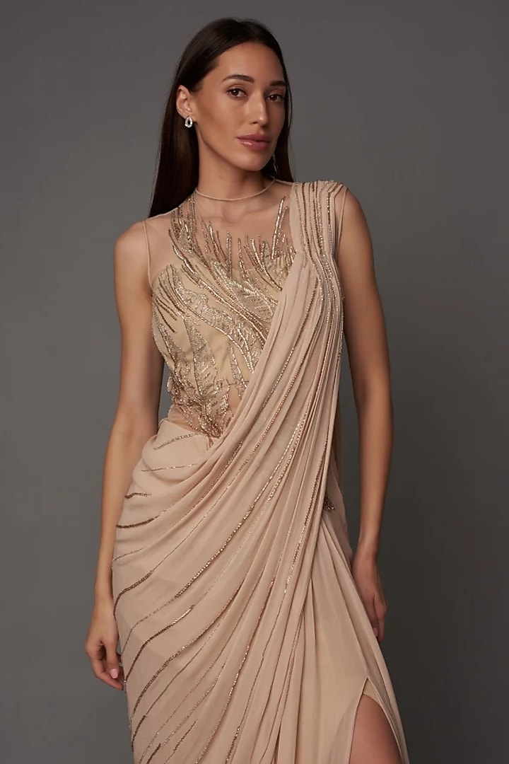Nude Silk Bridal Gown Saree by Gaurav Gupta at Pernia's Pop Up Shop