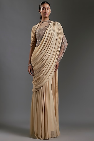 Creamy Beige Viscose Georgette Bugle Beads Embroidered Gown Saree by Gaurav Gupta
