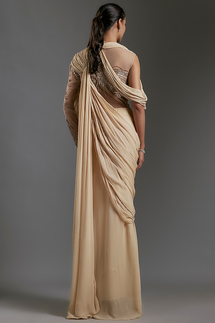 Creamy Beige Viscose Georgette Bugle Beads Embroidered Bridal Gown Saree by Gaurav Gupta at Pernia's Pop Up Shop