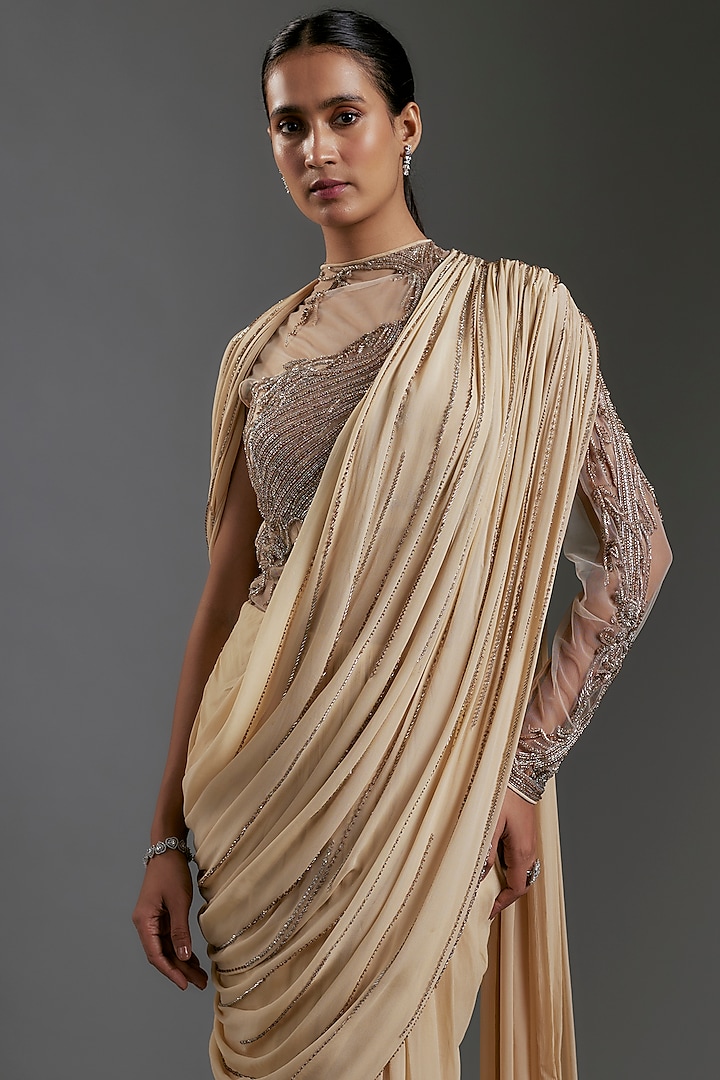 Creamy Beige Viscose Georgette Bugle Beads Embroidered Bridal Gown Saree by Gaurav Gupta at Pernia's Pop Up Shop