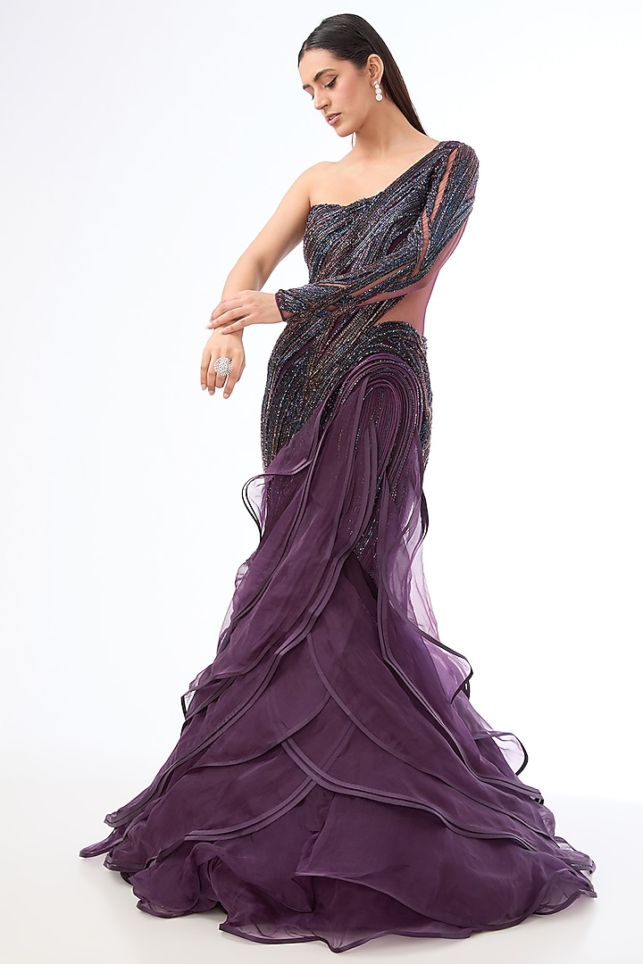 Aubergine Organza Bugle Bead Embroidered Gown by Gaurav Gupta