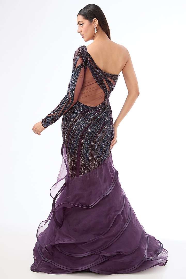 Aubergine Organza Bugle Bead Embroidered Bridal Gown by Gaurav Gupta at Pernia's Pop Up Shop
