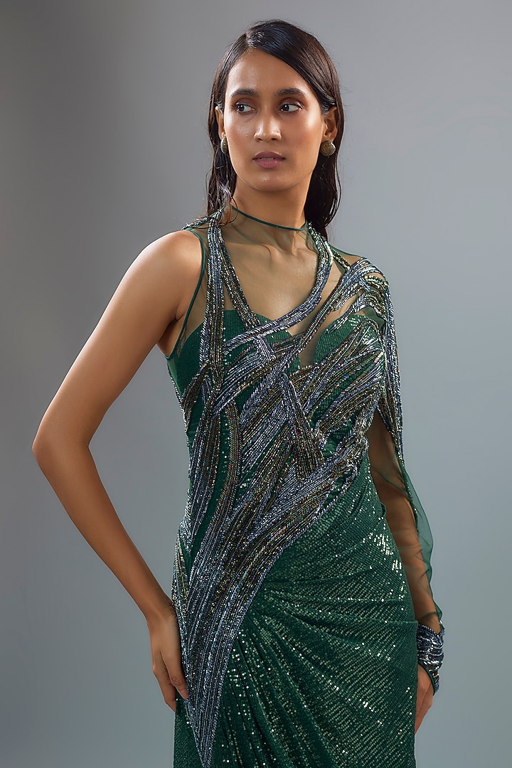 Emerald Green Sequins Bugle Bead Embroidered Bridal Gown by Gaurav Gupta at Pernia's Pop Up Shop