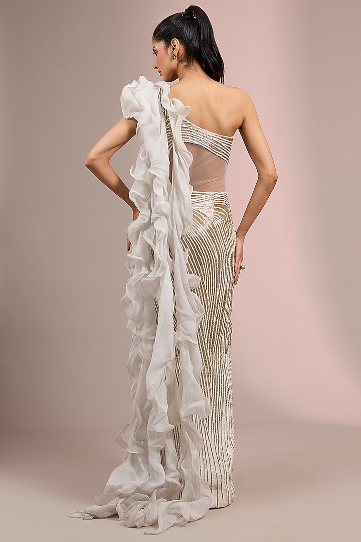 Ivory Rayon Georgette Shimmer Sculpted Bridal Gown by Gaurav Gupta at Pernia's Pop Up Shop