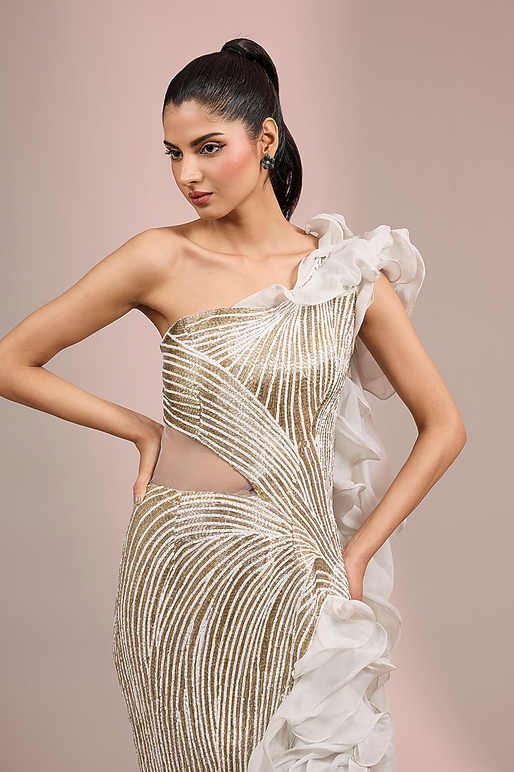 Ivory Rayon Georgette Shimmer Sculpted Bridal Gown by Gaurav Gupta at Pernia's Pop Up Shop