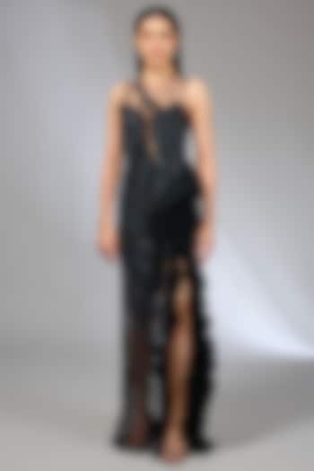 Black Crepe Bugle Beads Embroidered Gown by Gaurav Gupta at Pernia's Pop Up Shop