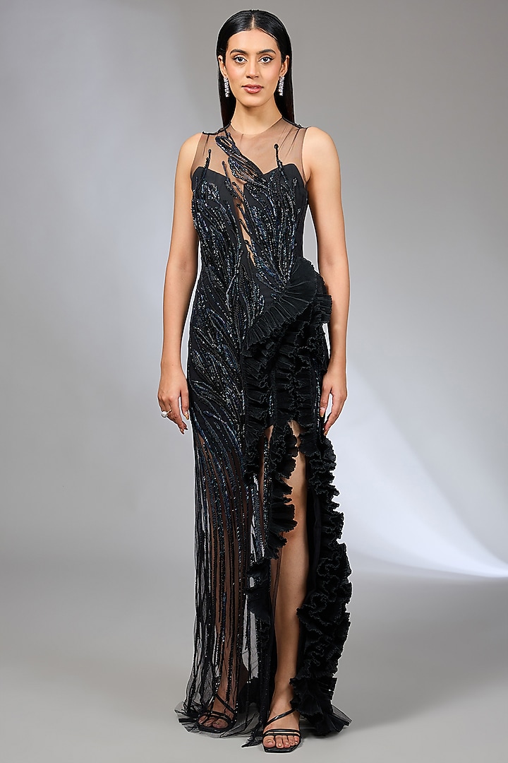 Black Crepe Bugle Beads Embroidered Gown by Gaurav Gupta at Pernia's Pop Up Shop