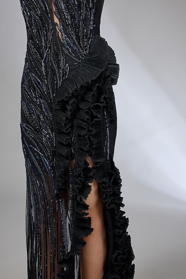 Black Crepe Bugle Beads Embroidered Bridal Gown by Gaurav Gupta at Pernia's Pop Up Shop