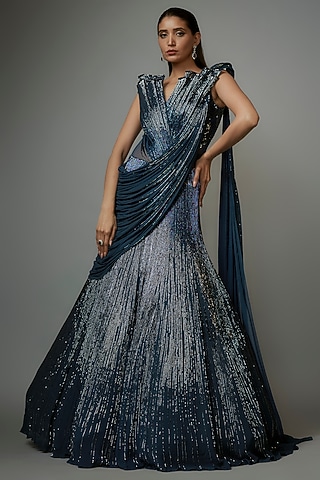 Teal Sapphire Rayon Georgette Sculpted Lehenga Saree by Gaurav Gupta