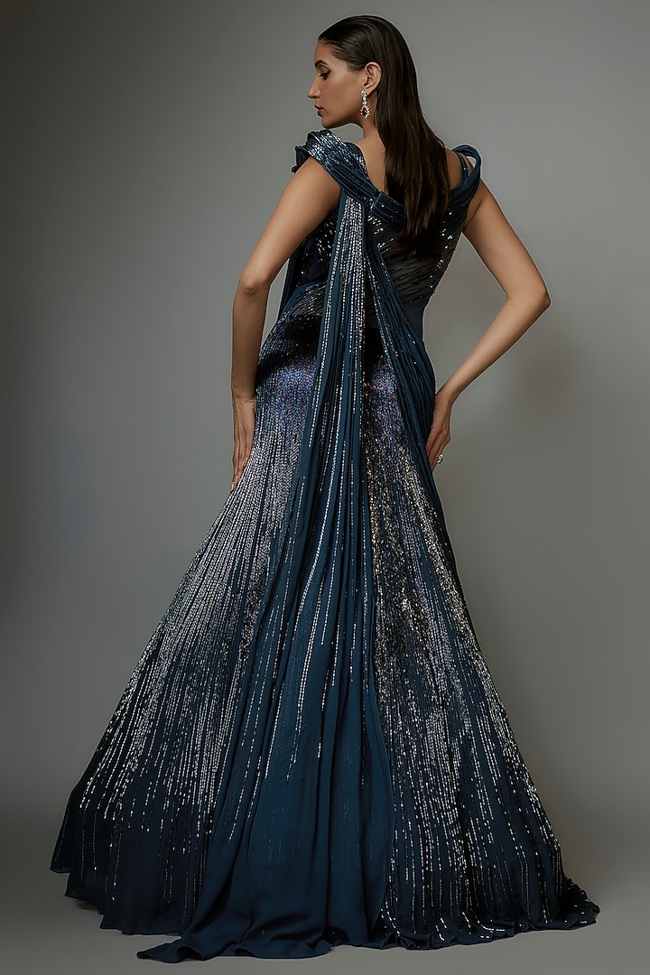 Teal Sapphire Rayon Georgette Sculpted Bridal Lehenga Saree by Gaurav Gupta at Pernia's Pop Up Shop