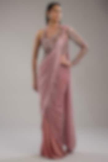 Rose Bud Viscose Georgette Sequins Embroidered Gown Saree by Gaurav Gupta at Pernia's Pop Up Shop