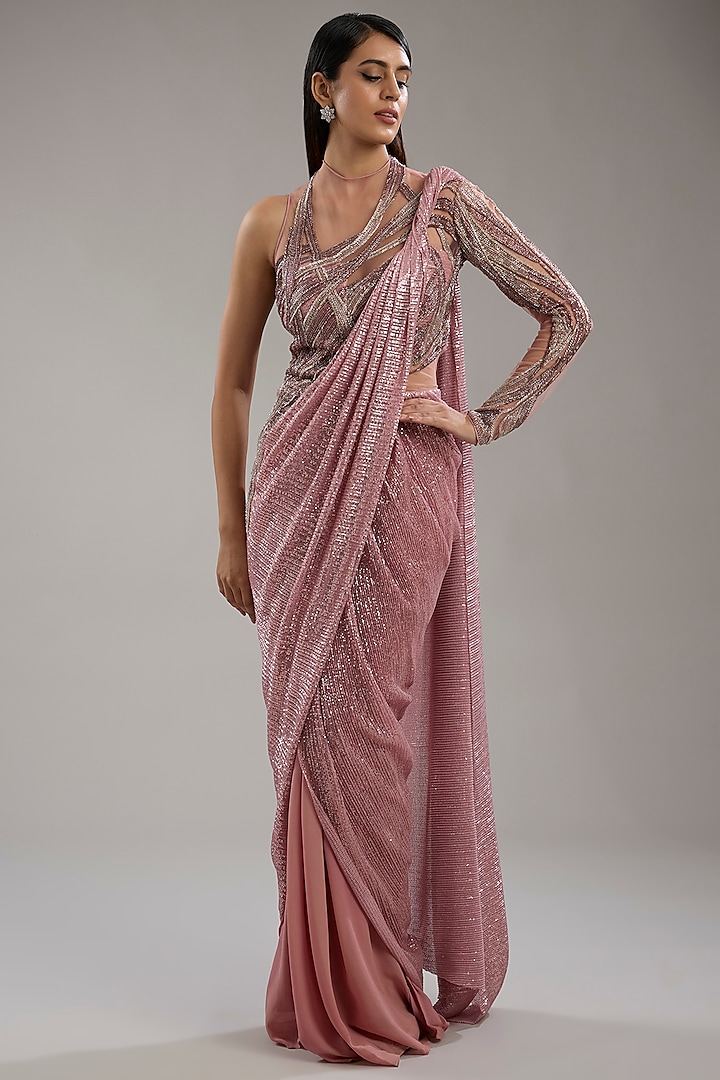 Rose Bud Viscose Georgette Sequins Embroidered Gown Saree by Gaurav Gupta at Pernia's Pop Up Shop