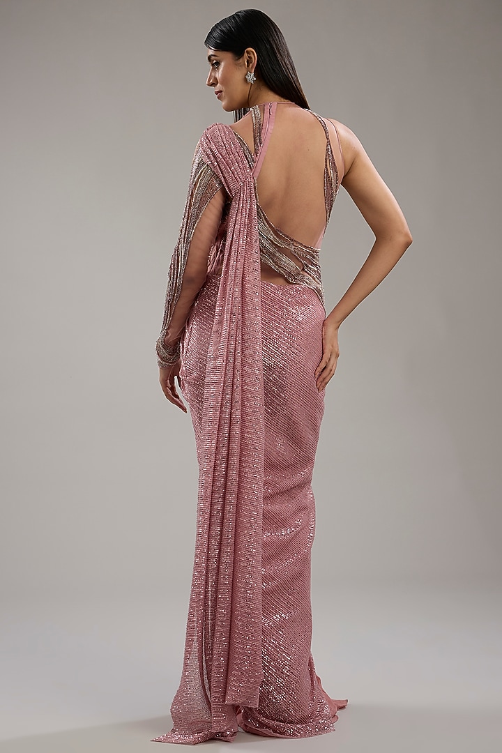 Rose Bud Viscose Georgette Sequins Embroidered Bridal Gown Saree by Gaurav Gupta at Pernia's Pop Up Shop