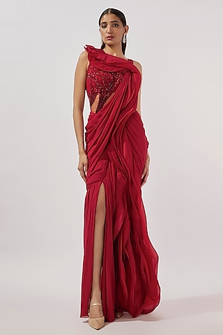 Lava Red Organza Bugle Bead Embroidered Ruffled Draped Gown Saree by Gaurav Gupta