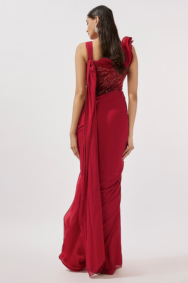 Lava Red Organza Bugle Bead Embroidered Ruffled Draped Bridal Gown Saree by Gaurav Gupta at Pernia's Pop Up Shop