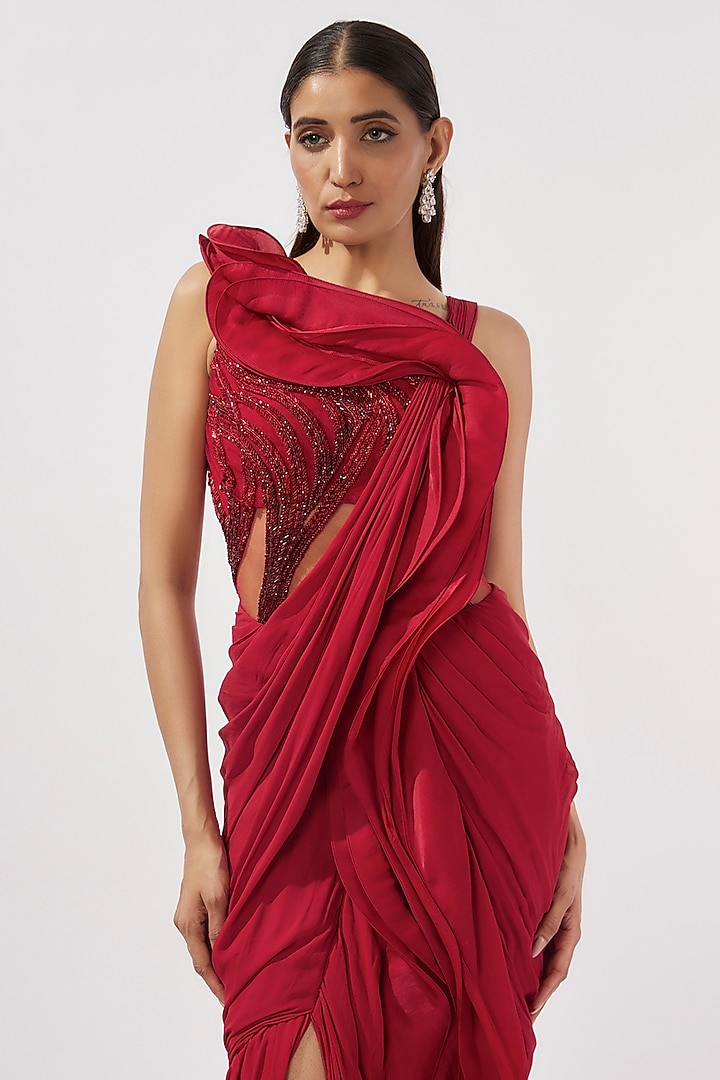Lava Red Organza Bugle Bead Embroidered Ruffled Draped Bridal Gown Saree by Gaurav Gupta at Pernia's Pop Up Shop