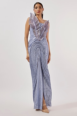 Amethyst Sequins Bugle Beads Embroidered Gown by Gaurav Gupta