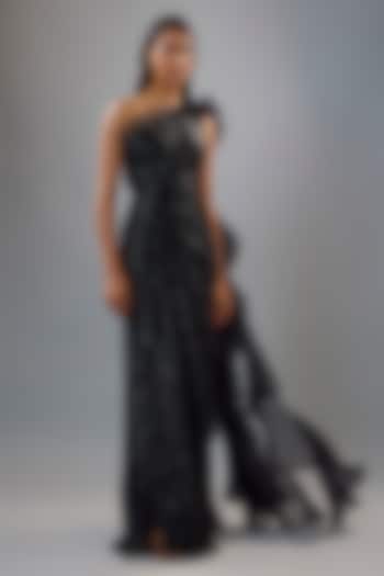 Black Sequins Bugle Bead Embroidered Ruffled Draped Bridal Gown by Gaurav Gupta at Pernia's Pop Up Shop