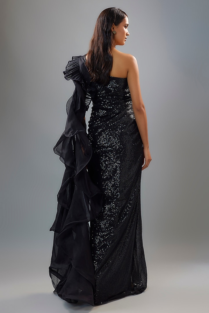 Black Sequins Bugle Bead Embroidered Ruffled Draped Bridal Gown by Gaurav Gupta at Pernia's Pop Up Shop