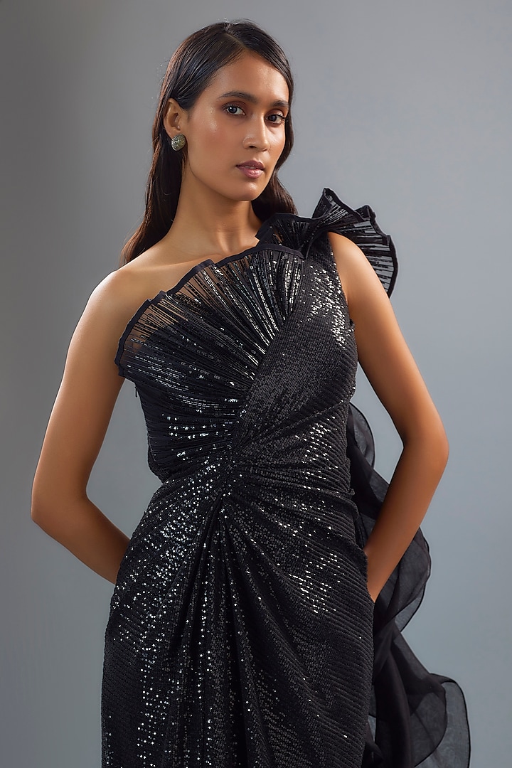 Black Sequins Bugle Bead Embroidered Ruffled Draped Bridal Gown by Gaurav Gupta at Pernia's Pop Up Shop